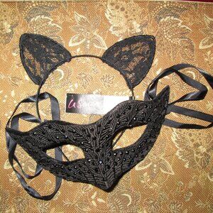 2 pieces Lace Cat Ears Headband and Black Masquerade Mask with Crystals